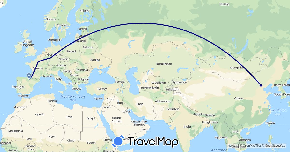 TravelMap itinerary: driving, cycling in China, Germany, Spain, France (Asia, Europe)